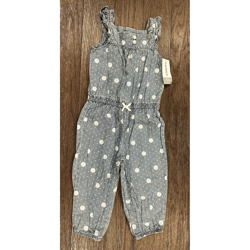 CARTERS chambray denim Polka Dot‎ pants sleeveless romper sz 12M NWT ruffles